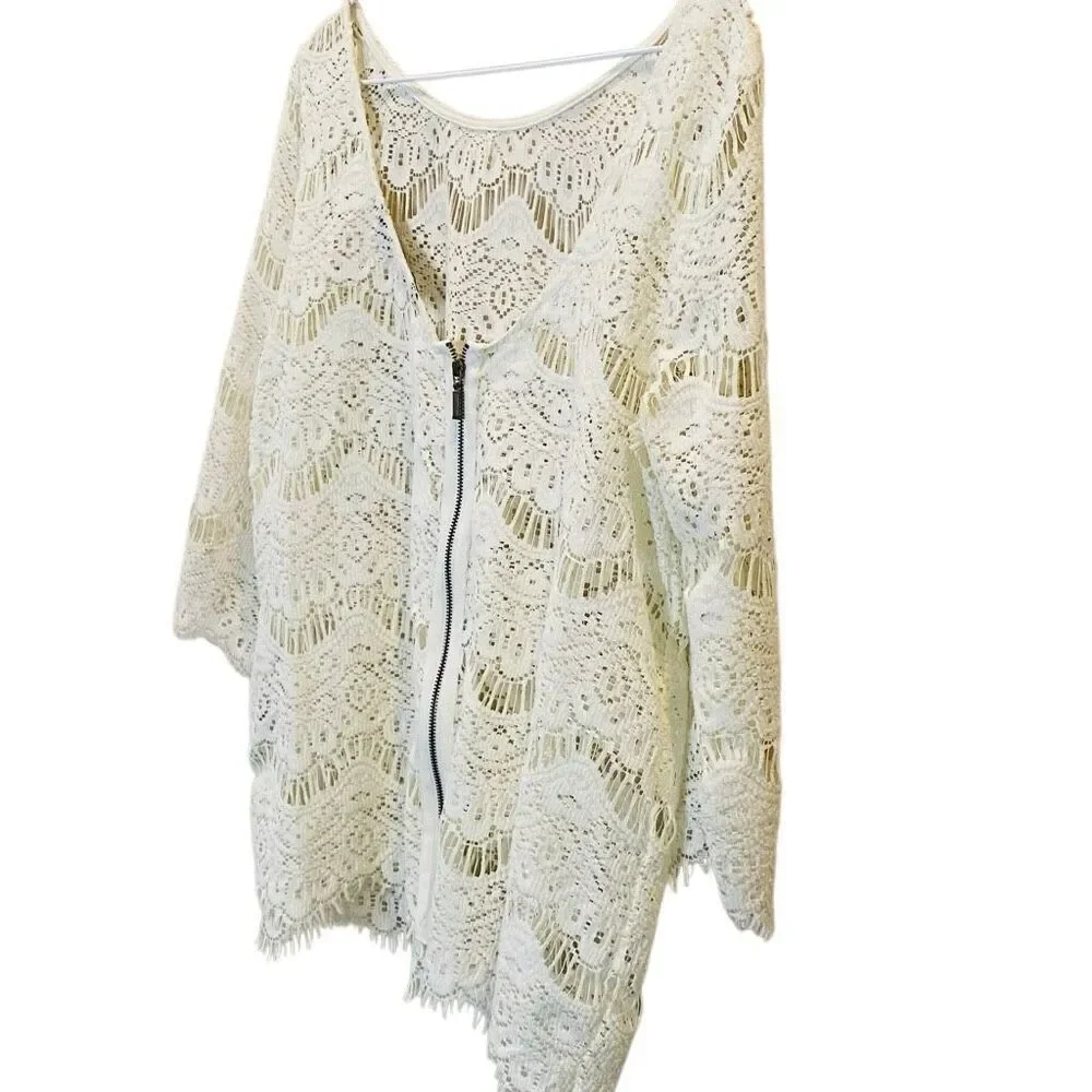 Zara TRF Collection Sheer Lace Back Zip Quarter Sleeve Blouse Ivory Large